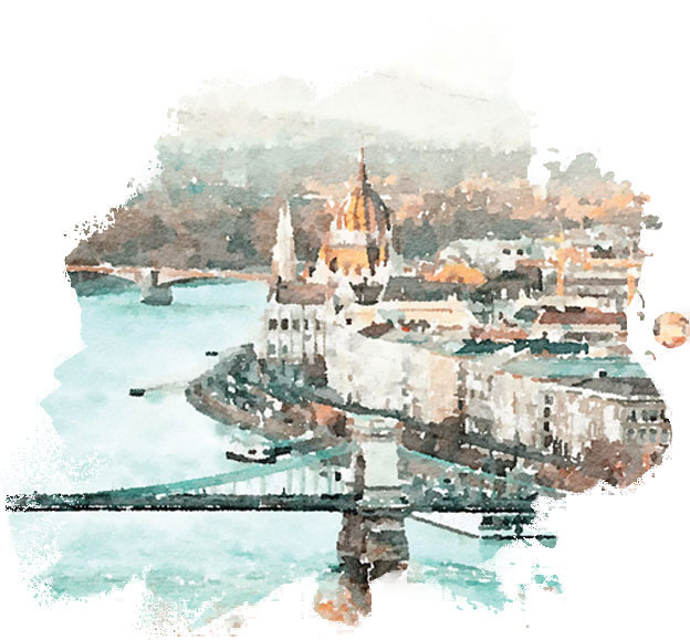 Watercolor of the Hungarian Parliament and Chain Bridge, Budapest